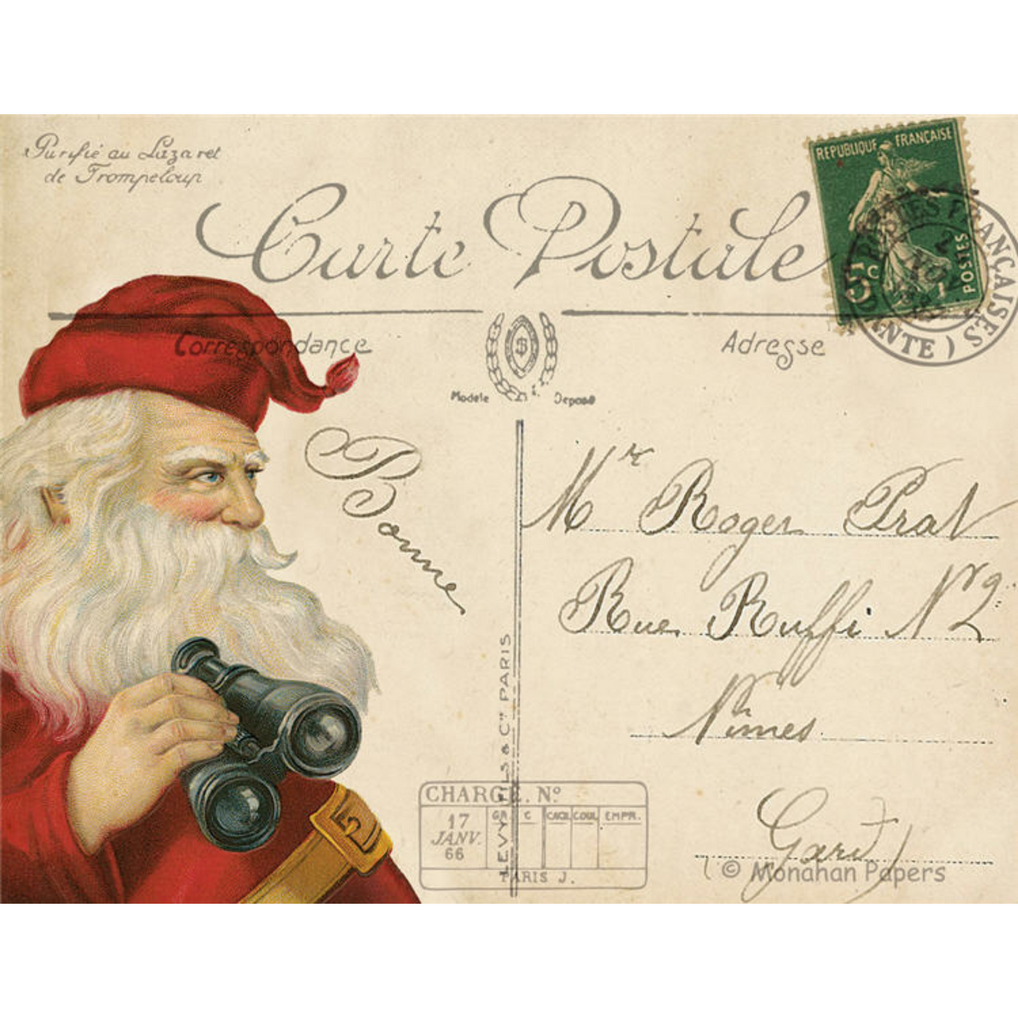 On the Lookout for Good Girls and Boys by Monahan Papers - 11" x 17" for decoupage and mixed media art. Vintage Christmas postcard motif with vintage Santa Claus available at Milton's Daughter