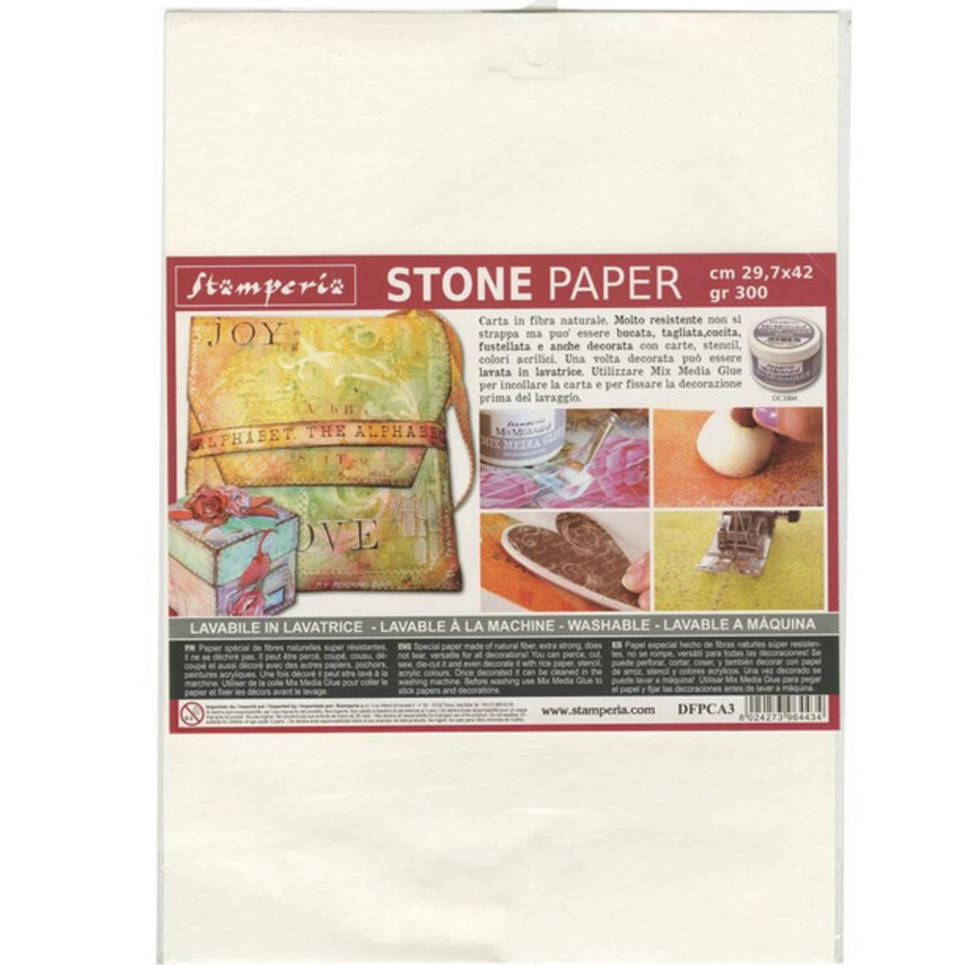 Washable White Stone Paper by Stamperia. Size A3 and A4 available at Milton's Daughter.