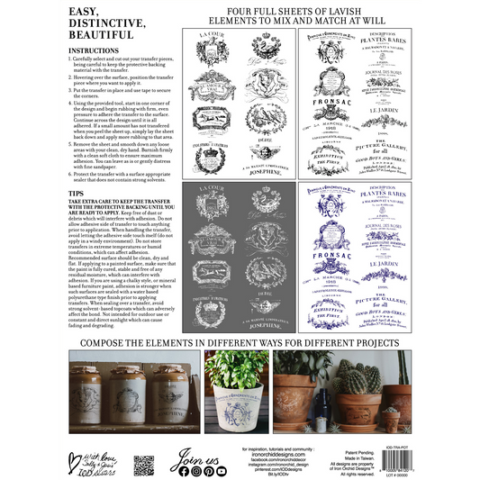 Traditional Pots IOD furniture transfer by Iron Orchid Designs. Back Cover image.  Includes four 12" x 16" sheets. Updated version of the original "Classic Pots" available at Milton's Daughter.