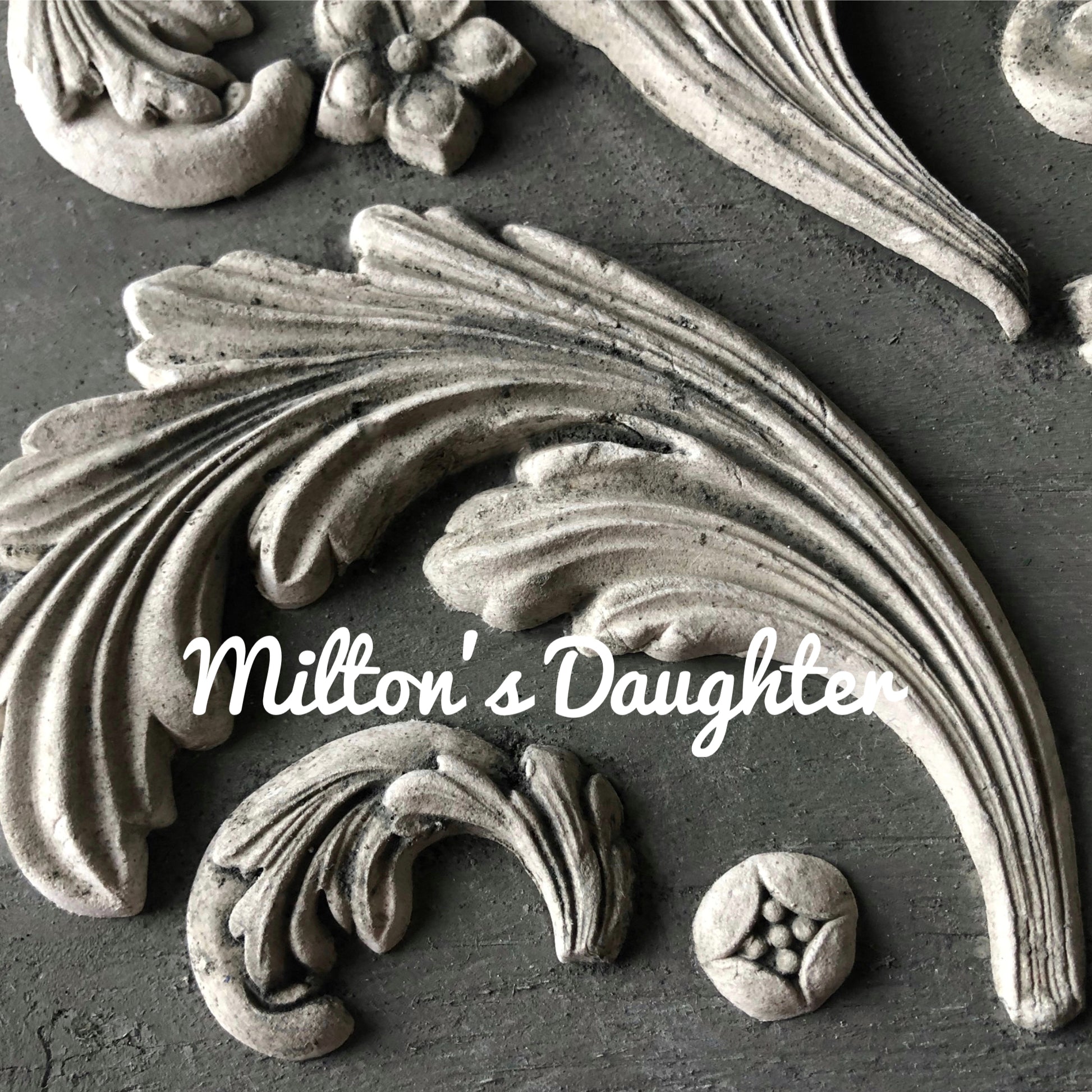 IOD Acanthus scroll mold castings leaf closeup greyscale at Milton's Daughter