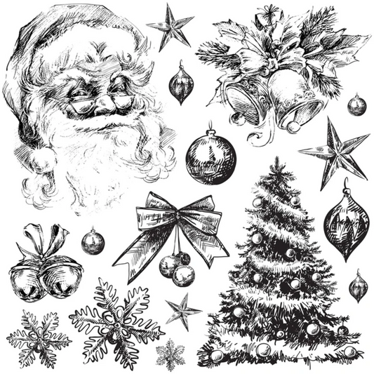 Stamp with multiple Christmas themed designs, including vintage Santa Claus, Christmas Trees, ornaments, bells, stars and snowflakes at Milton's Daughter.