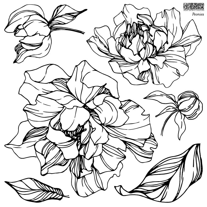 Stamp with peonies and leaves in various sizes, open design for painting and filling in at Milton's Daughter.