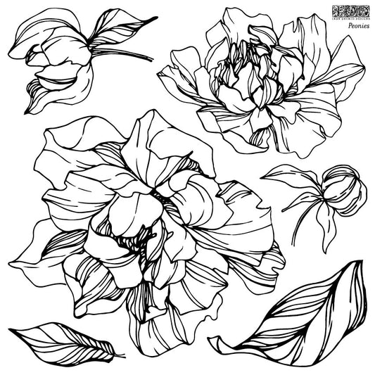 Stamp with peonies and leaves in various sizes, open design for painting and filling in at Milton's Daughter.